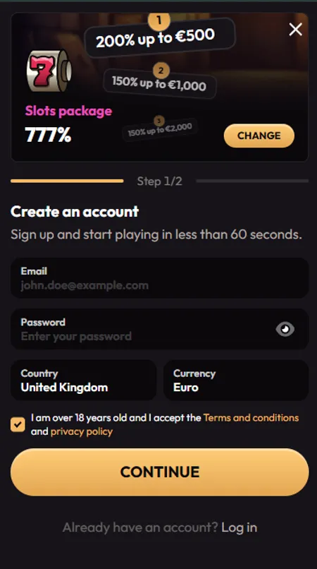 Mad Casino registration screen